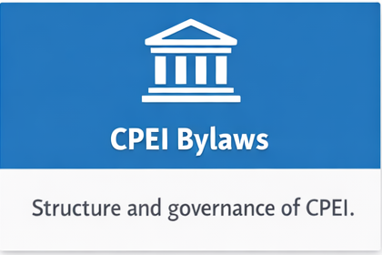 A blue tile with a Roman-style building and the title CPEI Bylaws