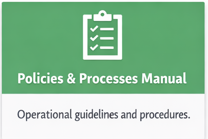 A green tile with an line art graphic of a clipboard and the words Policies and Processes Manual. 