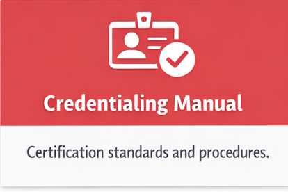 A red tile with a white nametag badge and a checkmark. The words Credentialing Manual are under the graphics. 