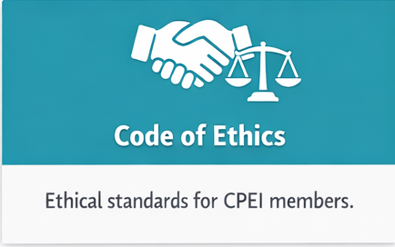 A teal colored tile showing a handshake and a scale, like the symbol of law. The words Code of Ethics are below the graphics. 