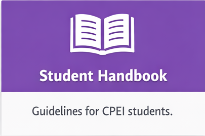 A purple tile with a white book icon in the middle of it. The words Student Handbook are under the book. 